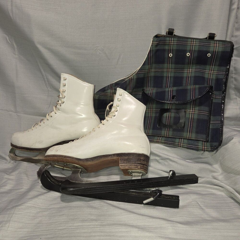 VTG Riedell Gold Star Red Wing Ice Skates Shefield Steel Blades White 6.5 w/case